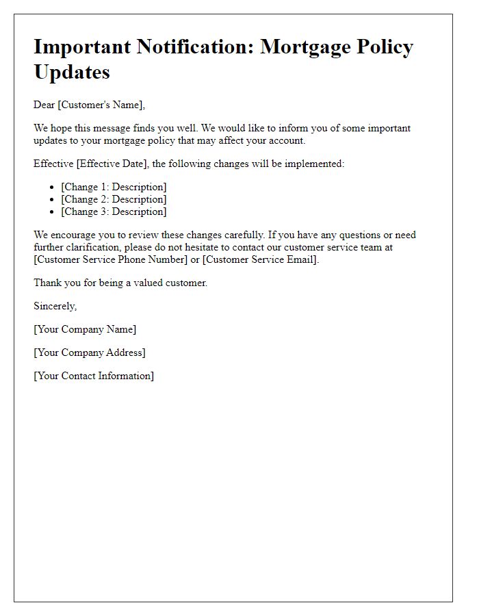 Letter template of customer notification for mortgage policy updates