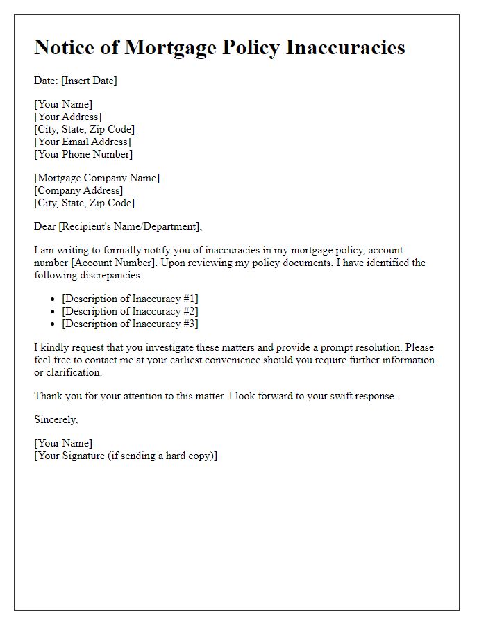 Letter template of notice for mortgage policy inaccuracies