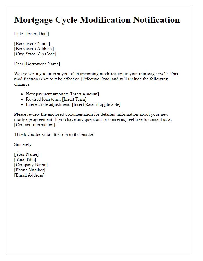 Letter template of notification for mortgage cycle modification