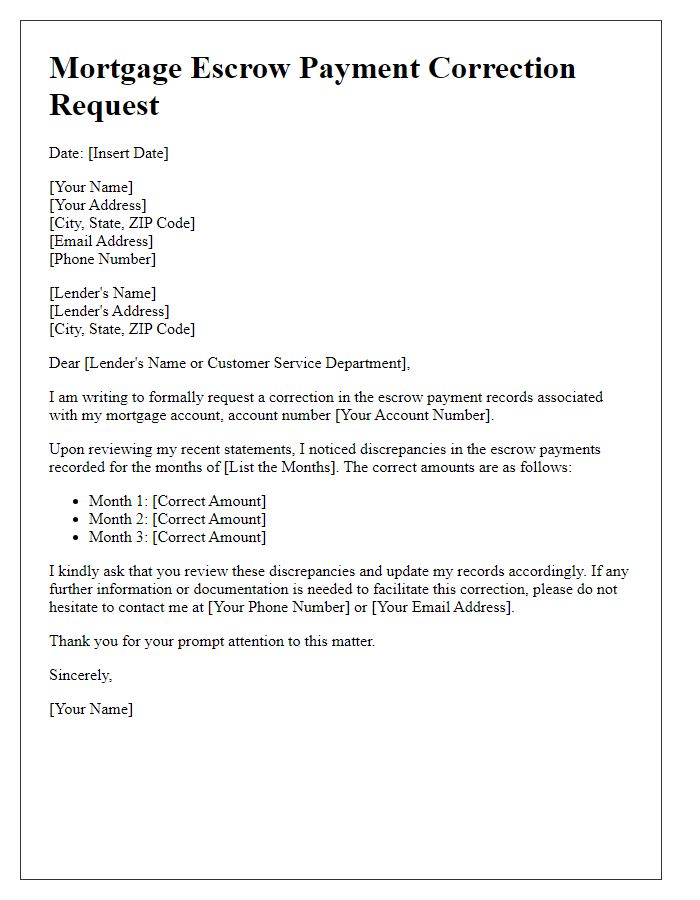 Letter template of correcting mortgage escrow payment records