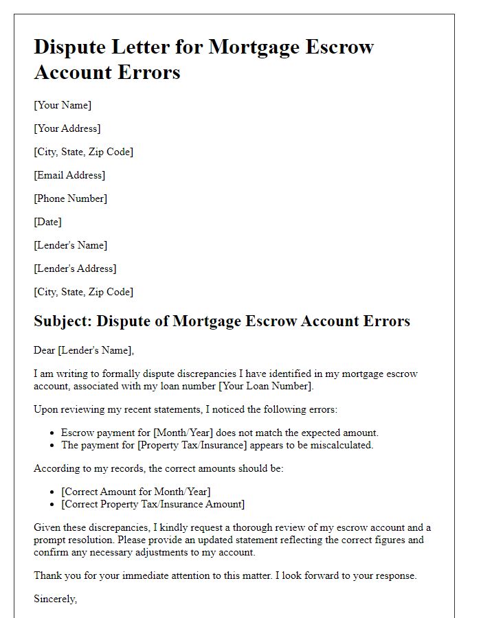 Letter template of disputing mortgage escrow account errors