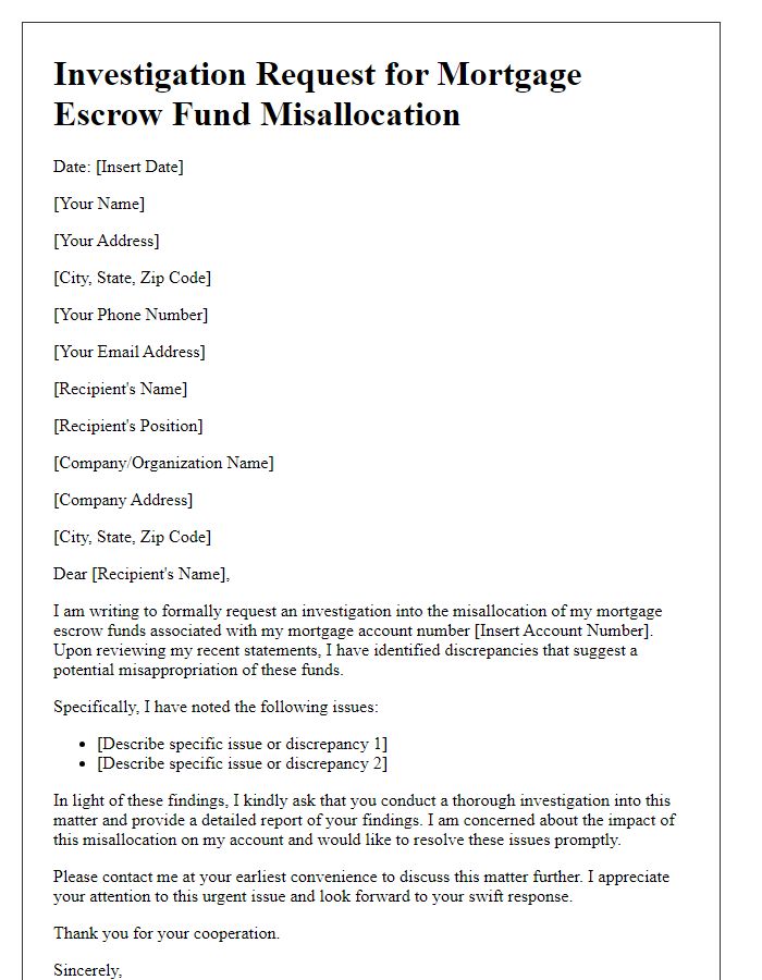 Letter template of investigating mortgage escrow fund misallocation