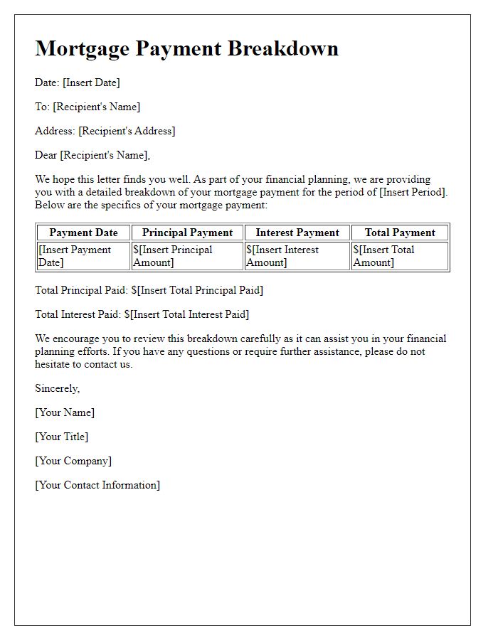 Letter template of mortgage payment breakdown for financial planning