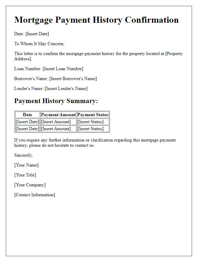 Letter template of mortgage payment history confirmation for real estate sale