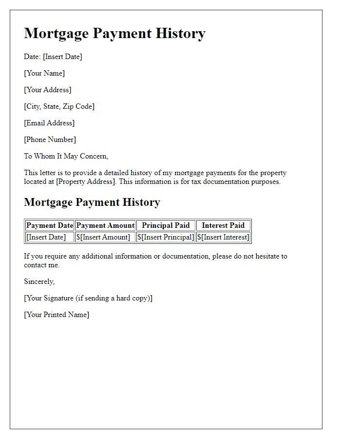 Letter template of mortgage payment history for tax documentation