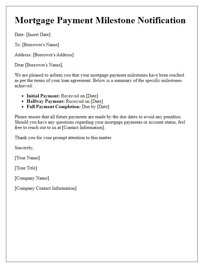 Letter template of mortgage payment milestones for legal documentation