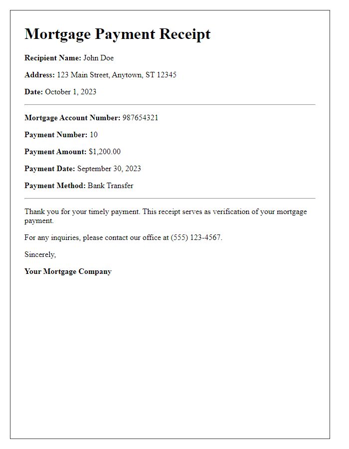 Letter template of mortgage payment receipts for personal financial records