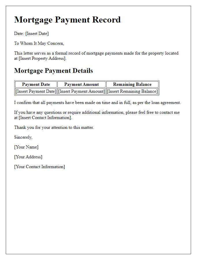 Letter template of mortgage payment record for home equity loan application