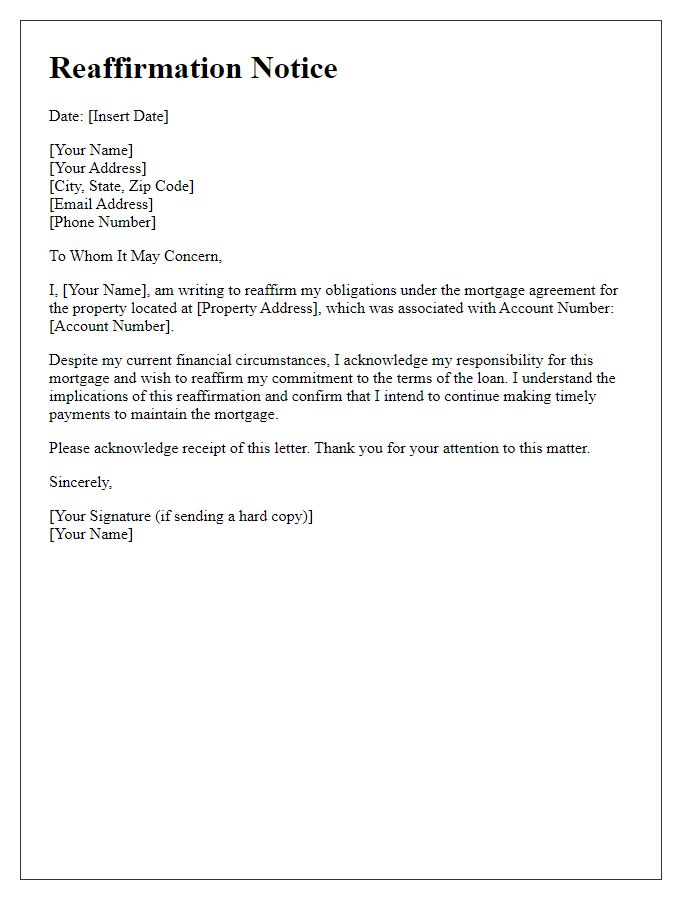 Letter template of reaffirmation notice for mortgage