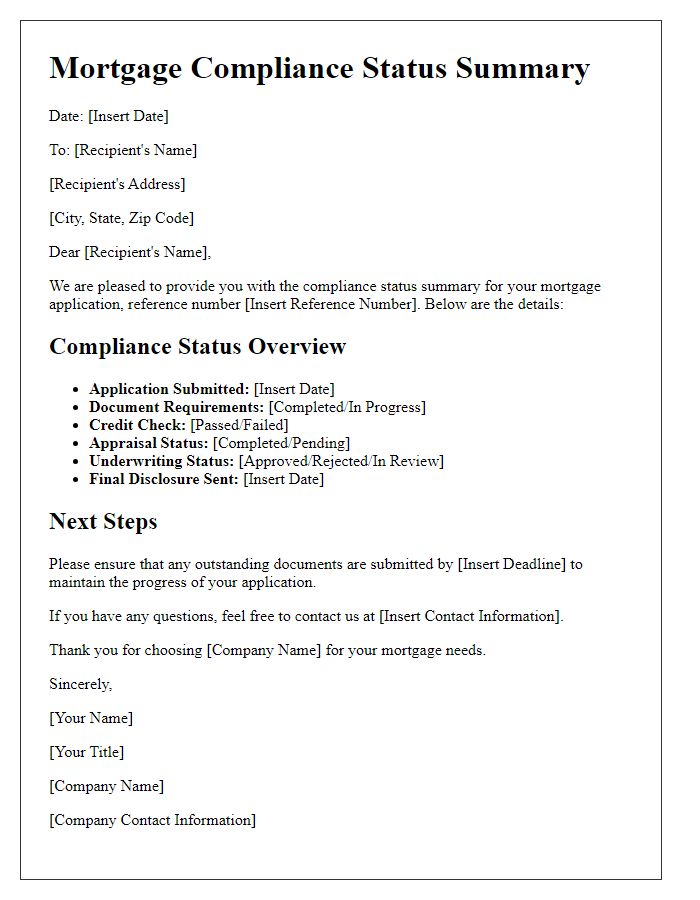 Letter template of mortgage compliance status summary