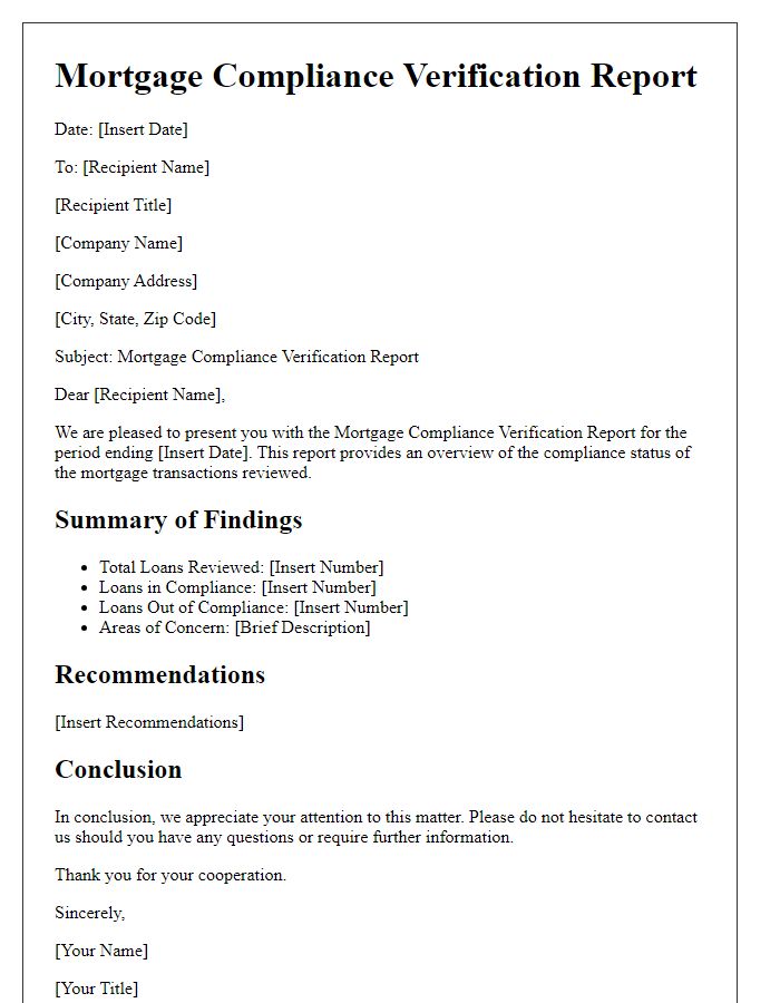 Letter template of mortgage compliance verification report