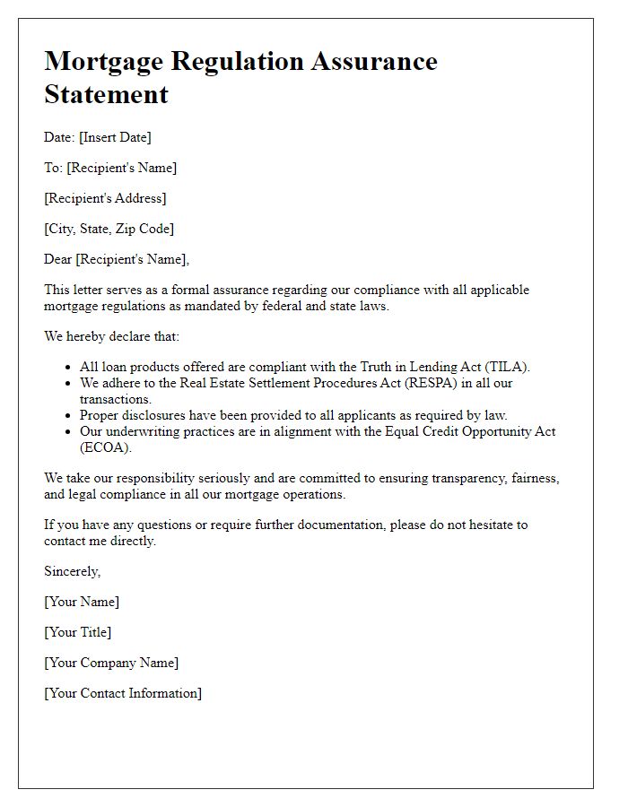 Letter template of mortgage regulation assurance statement