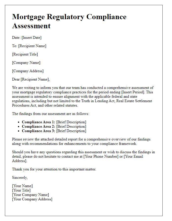 Letter template of mortgage regulatory compliance assessment