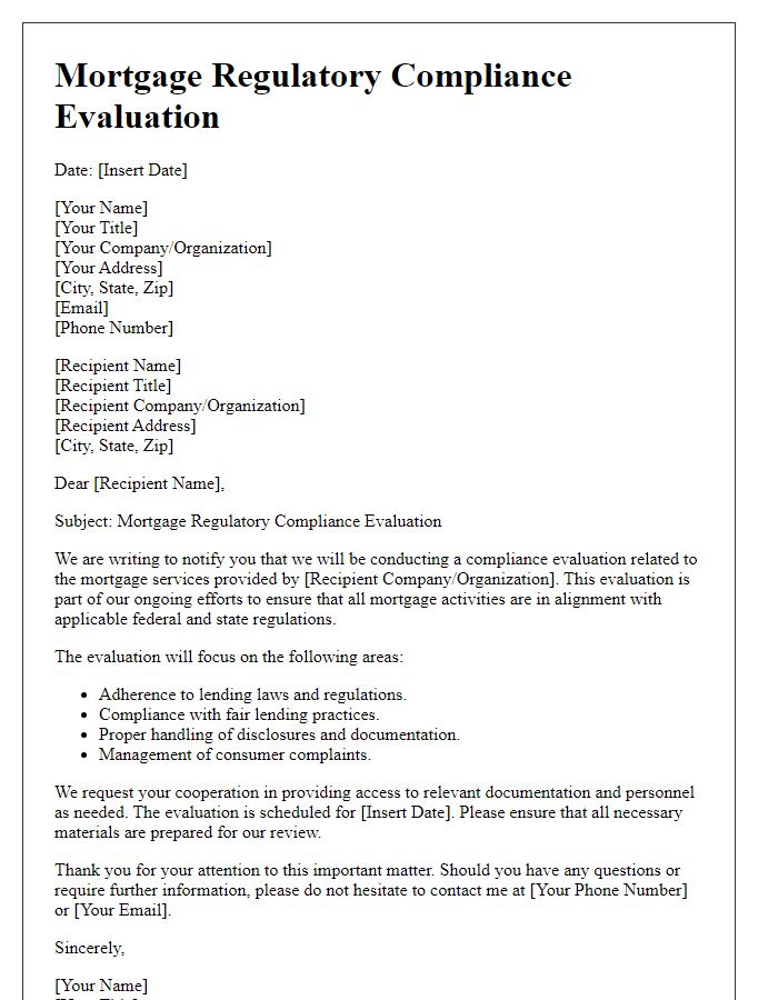 Letter template of mortgage regulatory compliance evaluation