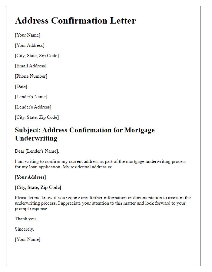 Letter template of address confirmation for mortgage underwriting.