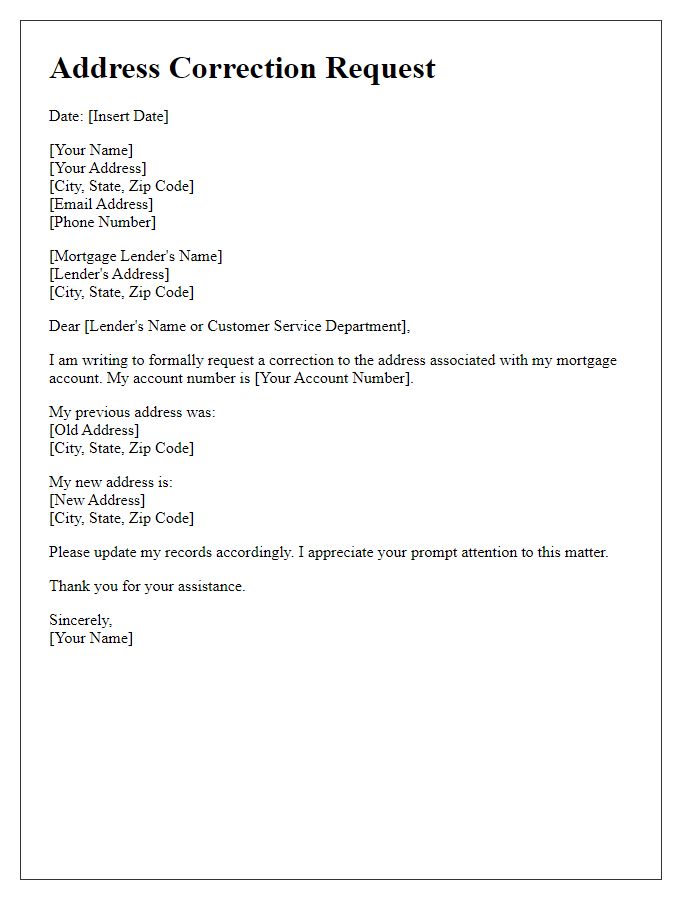 Letter template of address correction for mortgage records.