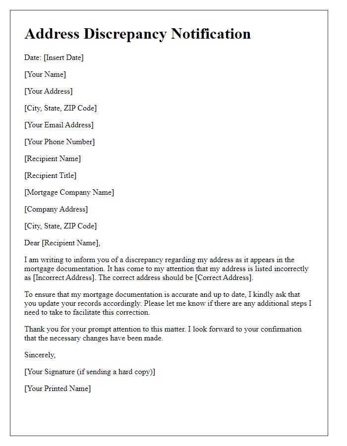 Letter template of address discrepancy notification for mortgage documentation.