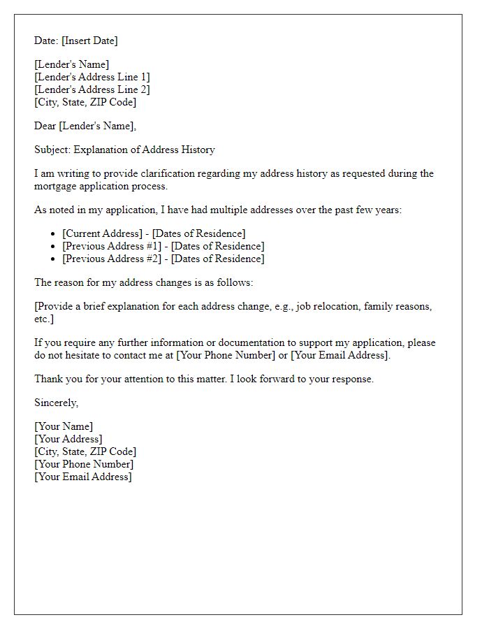 Letter template of address explanation for mortgage lender communication.