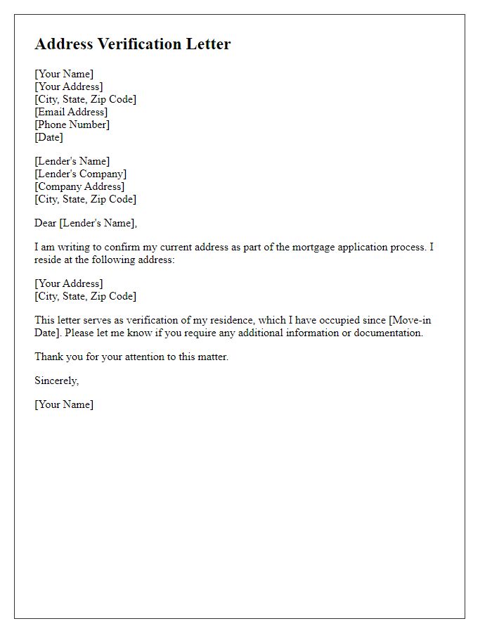 Letter template of address verification for mortgage application process.