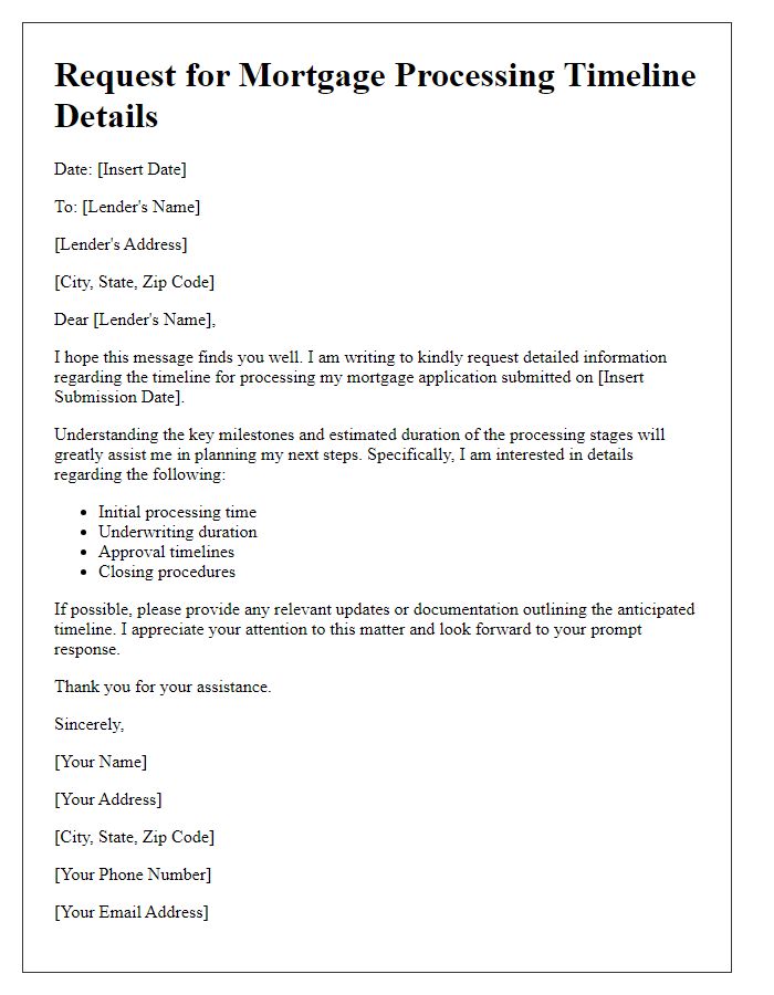 Letter template of request for mortgage processing timeline details