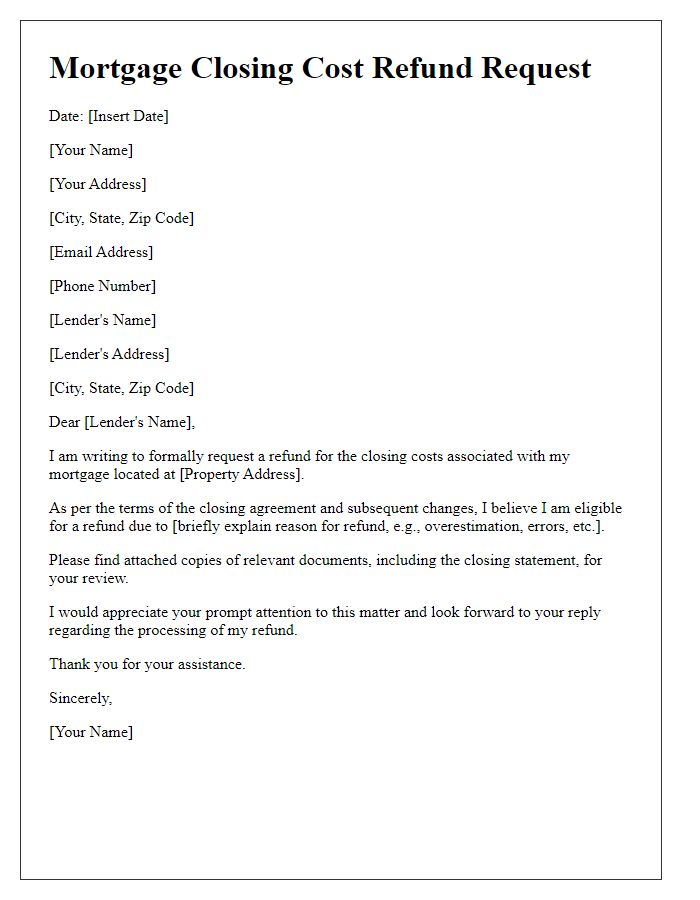 Letter template of mortgage closing cost refund.