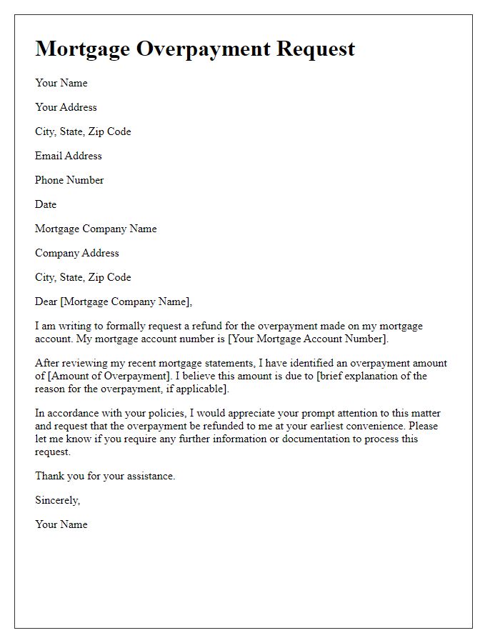 Letter template of mortgage overpayment request.