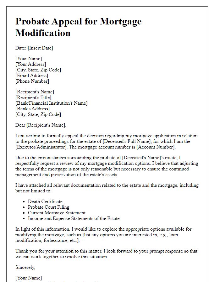 Letter template of probate appeal for mortgage modification options