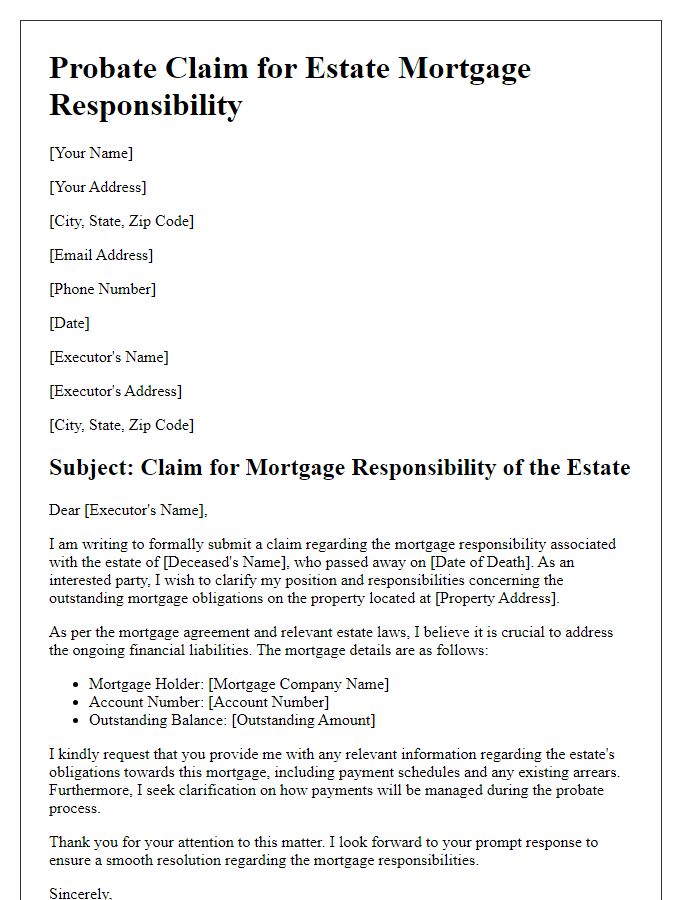 Letter template of probate claim for estate mortgage responsibility