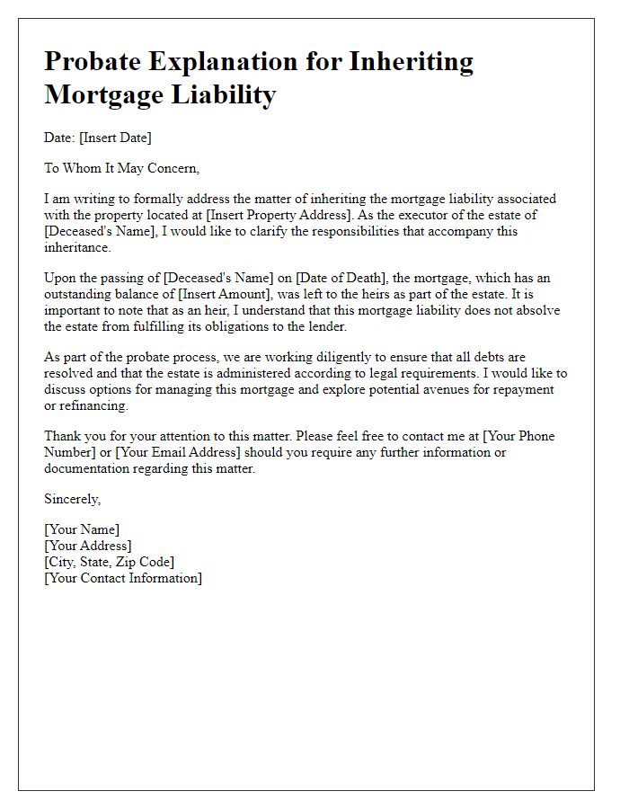 Letter template of probate explanation for inheriting mortgage liability