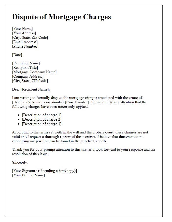 Letter template of probate form for disputing mortgage charges