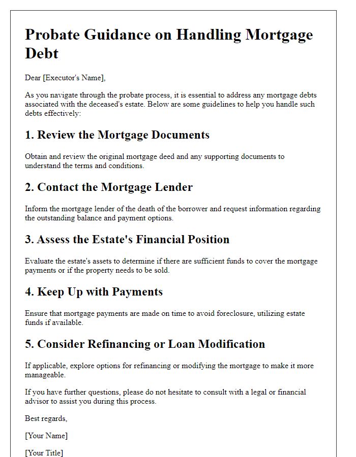 Letter template of probate guidance on handling mortgage debt