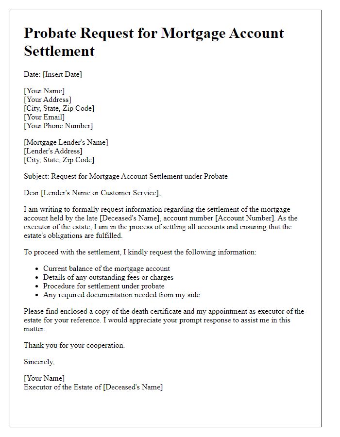 Letter template of probate request for mortgage account settlement