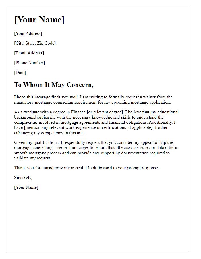 Letter template of appeal to skip mortgage counseling due to educational background in finance.