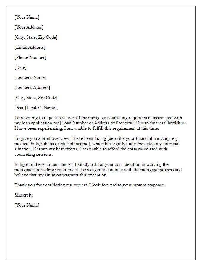 Letter template of request for waiver of mortgage counseling requirement due to financial hardship.