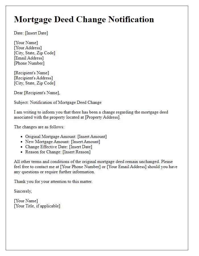 Letter template of mortgage deed change notification