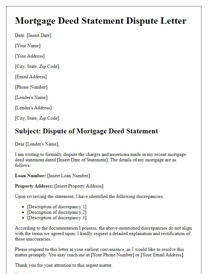 Letter template of mortgage deed statement dispute