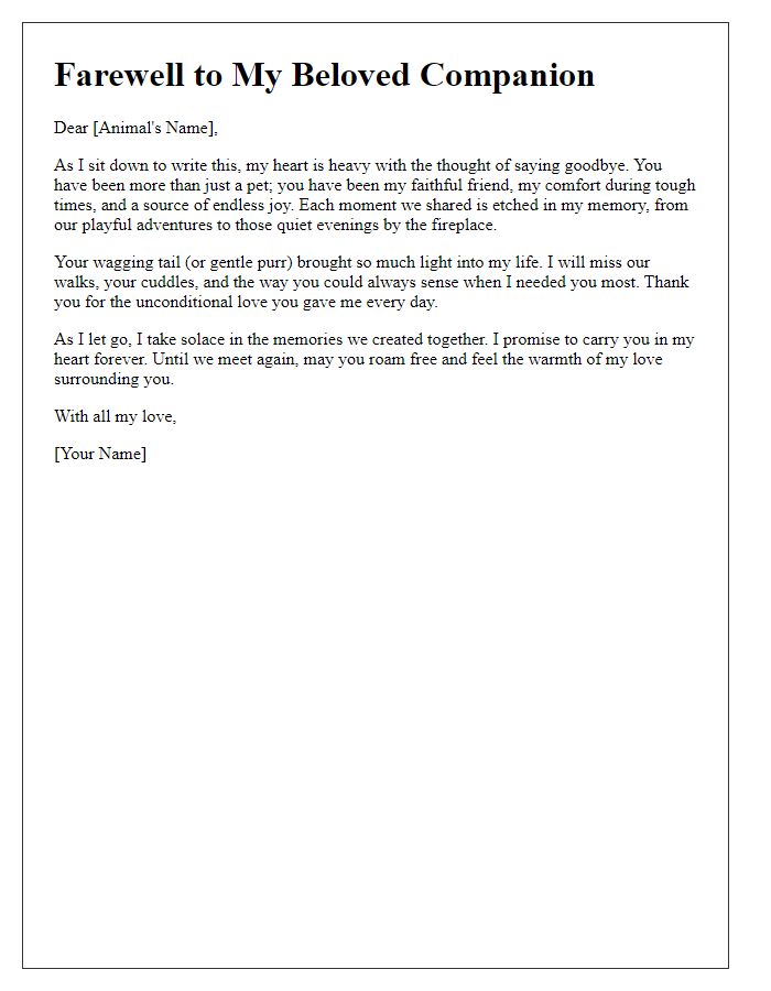 Letter template of a farewell message to a beloved animal companion.