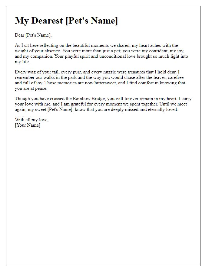 Letter template of love and remembrance for a pet who has crossed the rainbow bridge.