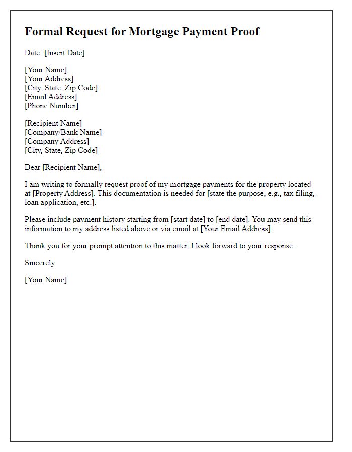 Letter template of formal request for mortgage payment proof.