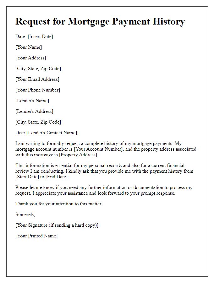 Letter template of request for mortgage payment history.