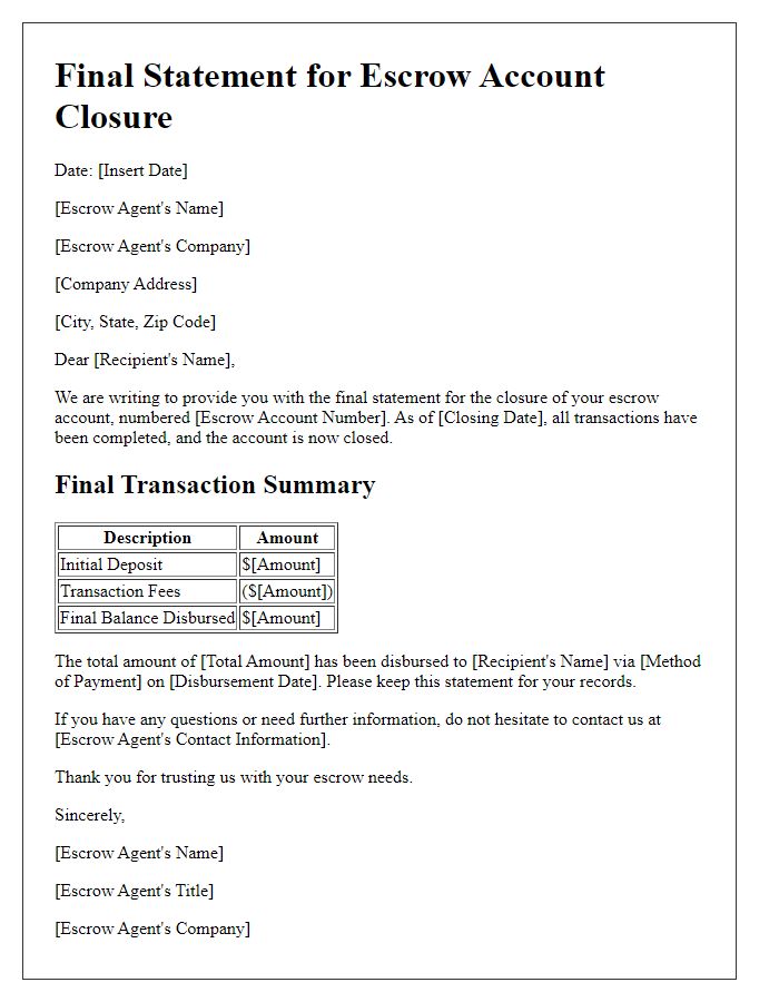 Letter template of final statement for escrow account closure