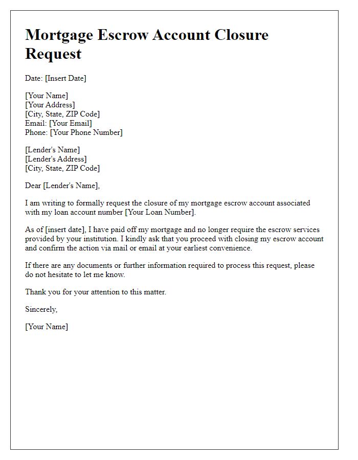 Letter template of mortgage escrow account closure request