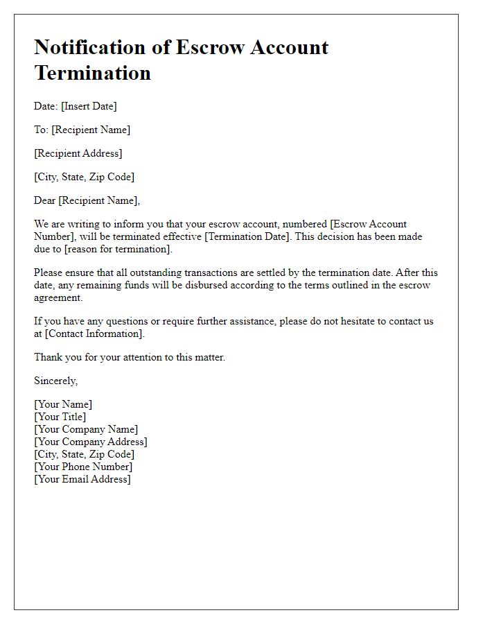 Letter template of notification for escrow account termination