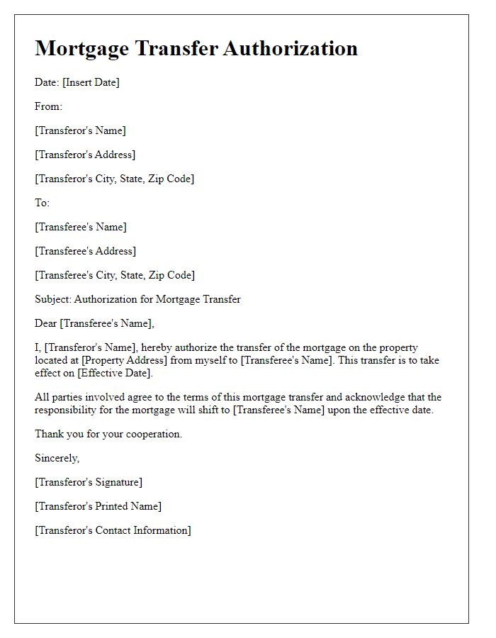 Letter template of mortgage transfer authorization between parties.