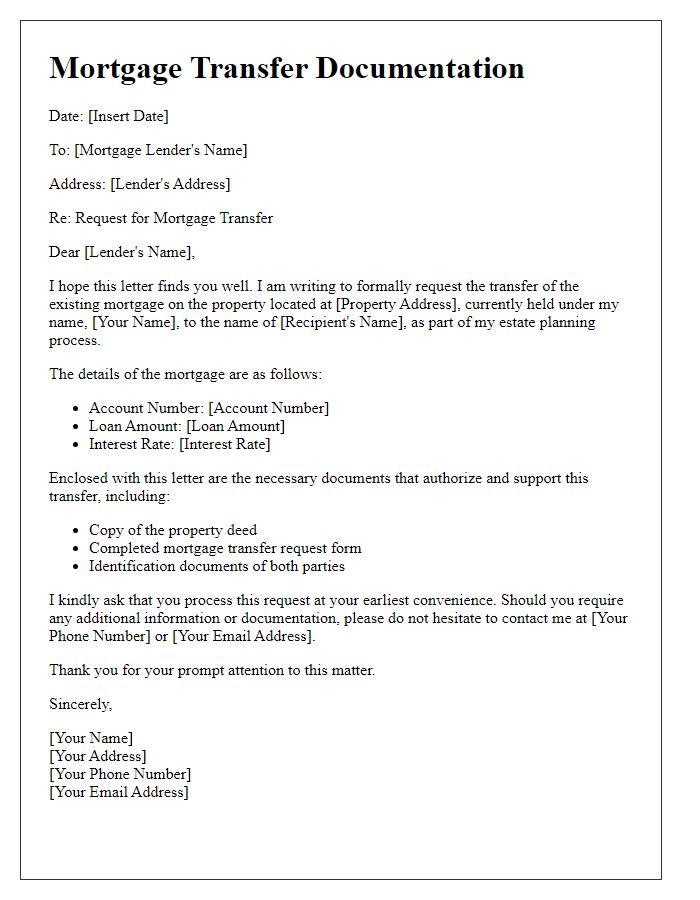 Letter template of mortgage transfer documentation for estate planning.