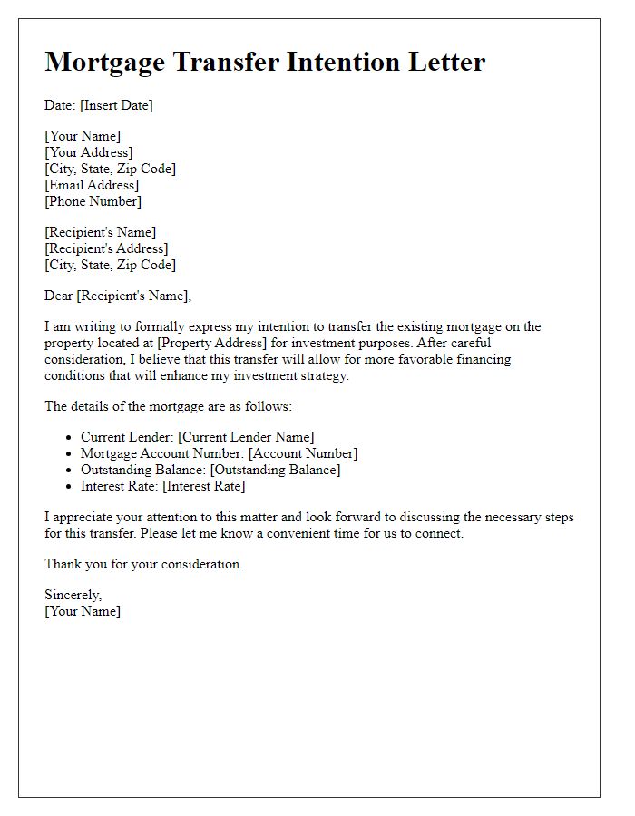 Letter template of mortgage transfer intention for investment purposes.