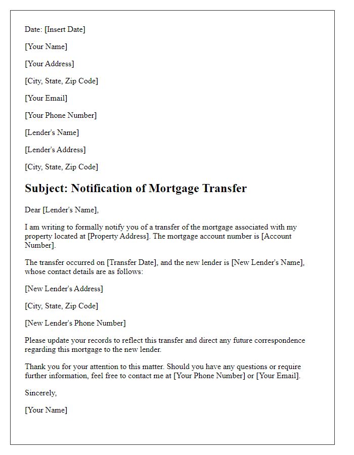 Letter template of mortgage transfer notification to lender.