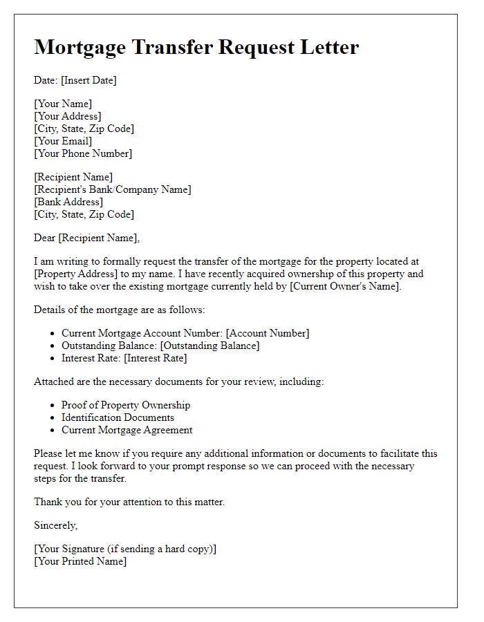 Letter template of mortgage transfer request for property ownership.