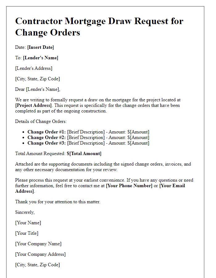 Letter template of contractor mortgage draw request for change orders.