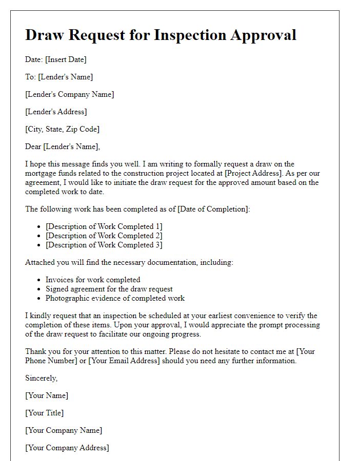 Letter template of contractor mortgage draw request for inspection approval.